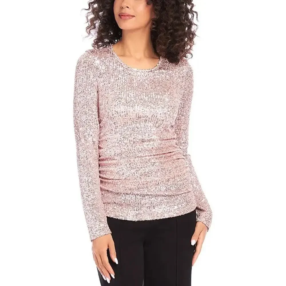 Karen Kane Women Pink Sequin Fitted Side Shirred Long Sleeve Holiday Top Size L_2